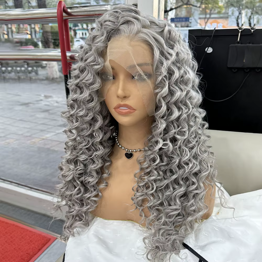 Perruque Lace Front Wig synthétique bouclée crépue grise