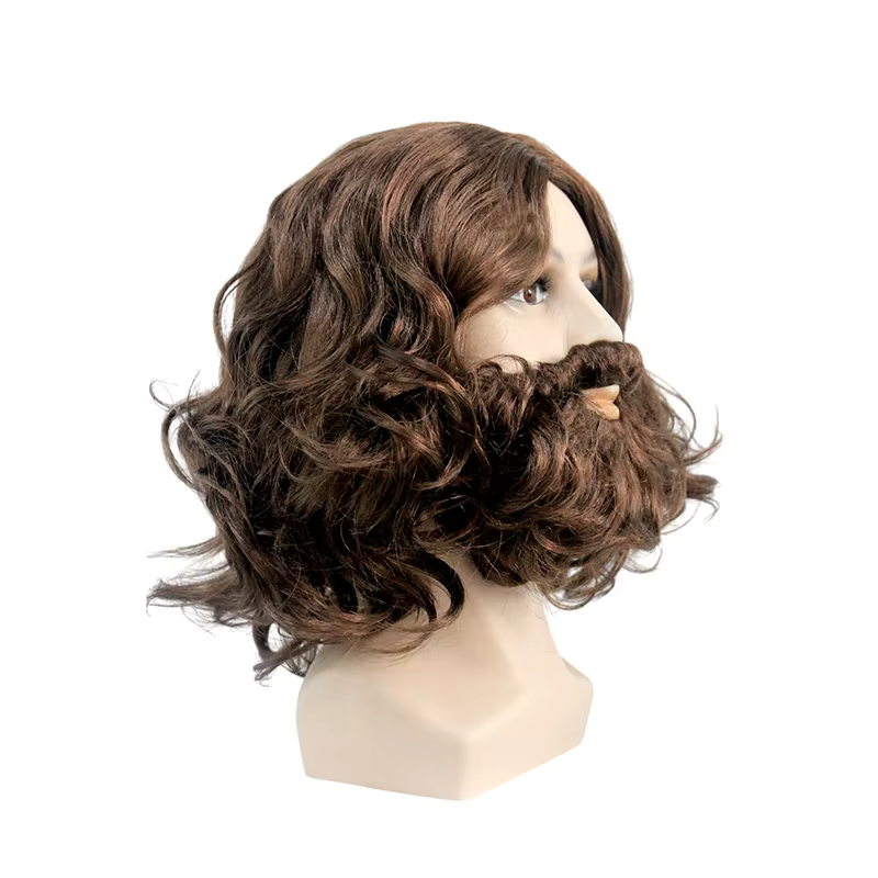 Perruque synthétique ondulée brune avec barbe