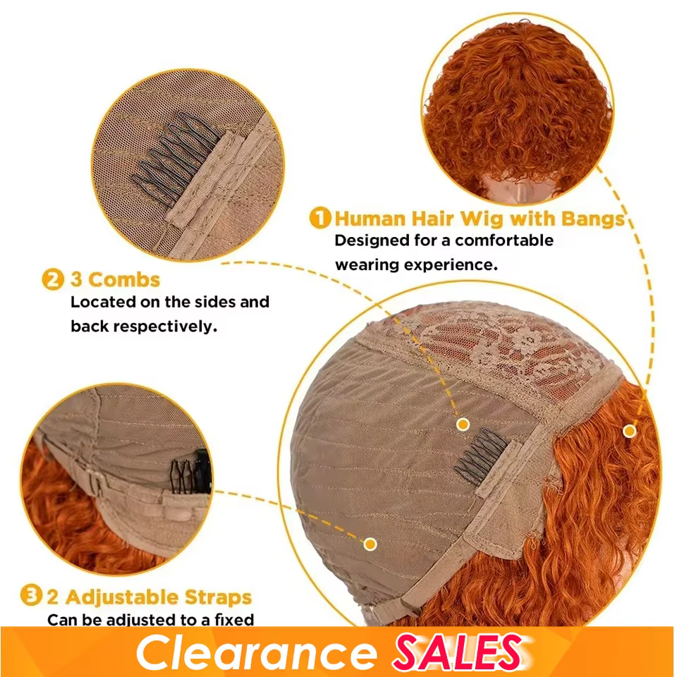 Gingembre Jerry bouclés court Pixie Bob coupe Remy perruques de cheveux humains avec frange miel blond Orange Non