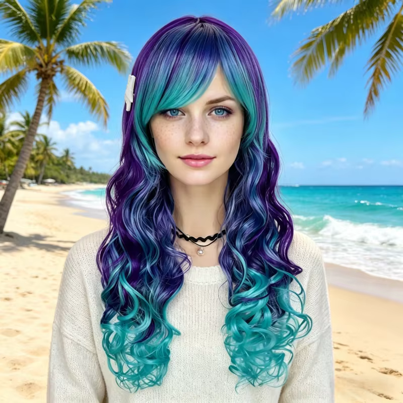 Perruque synthétique longue ondulée ombrée bleu-violet avec frange latérale et pince étoile de mer pour femme