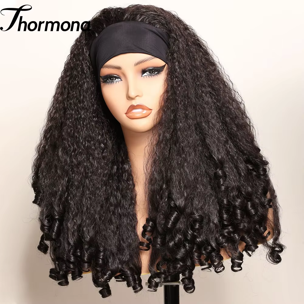 Yaki bandeau Afro bouclés perruques synthétiques crépus droites avec extrémités bouclées sans colle sans laisser Clip