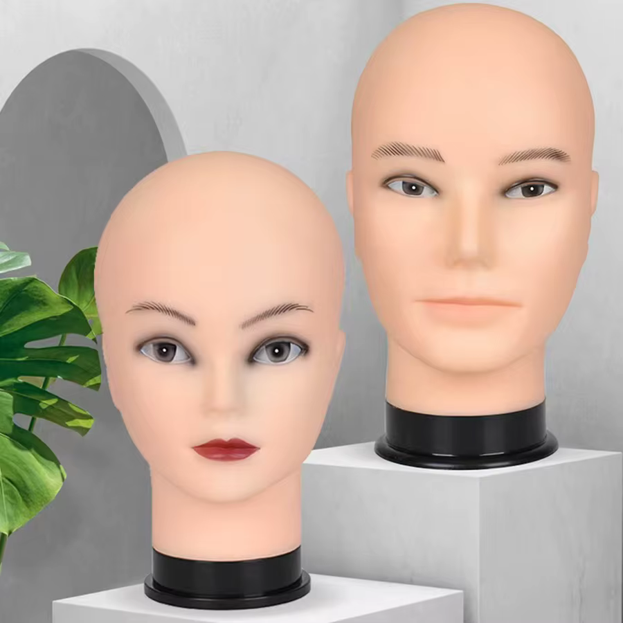 Tête de Mannequin chauve avec trépied de coiffure noir