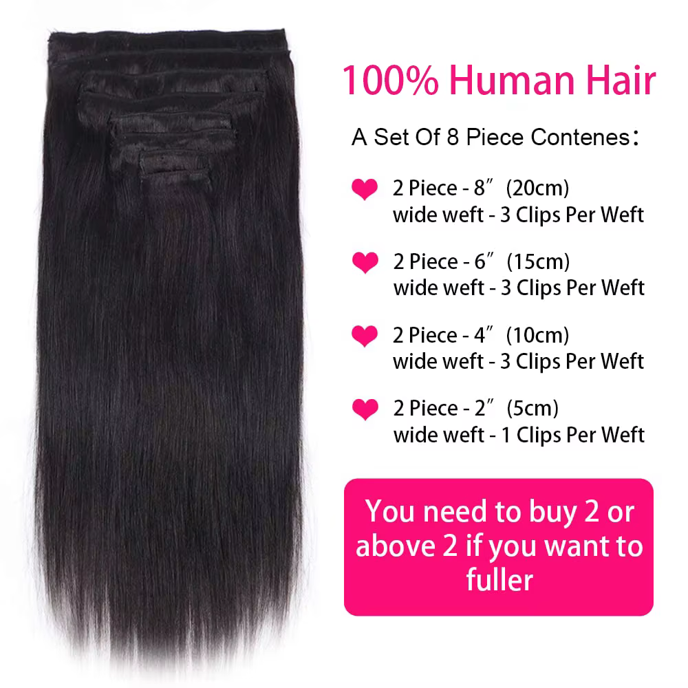 Extensions de cheveux naturels à clipser, 120g, lot de 8 pièces, cheveux vierges 100% humains, noir naturel