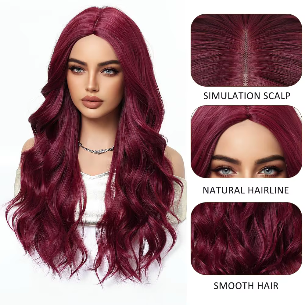 Perruque synthétique rouge bordeaux