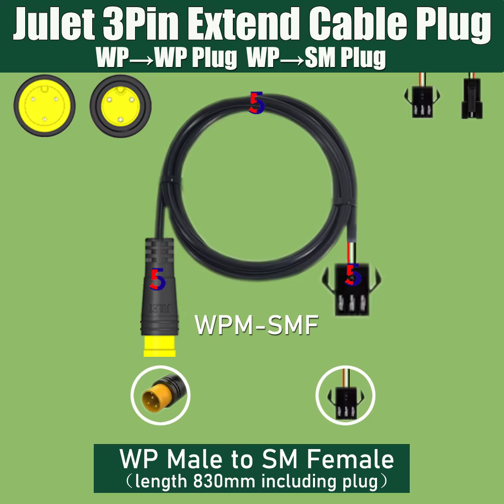 Câble d'extension d'accélérateur pour vélo électrique, Julet, 3 broches, prise étanche, connecteur adaptateur ABS, prise PAS 3P WP-WP/ WP-SM