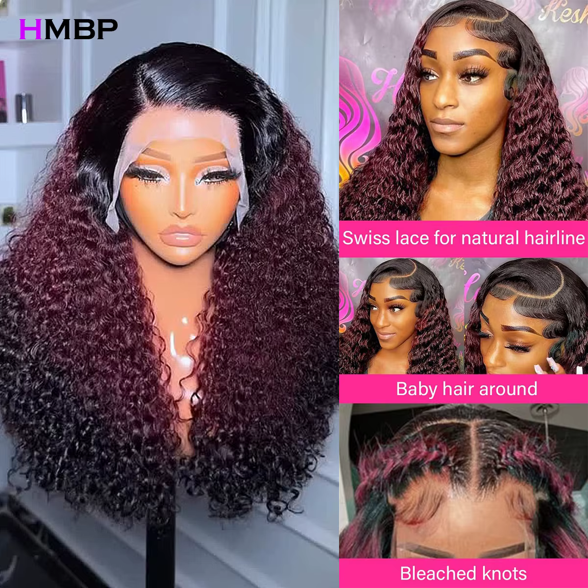 Ombre bordeaux 400 densité sans colle perruques cheveux humains vin rouge crépus bouclés 13x4 dentelle frontale perruque