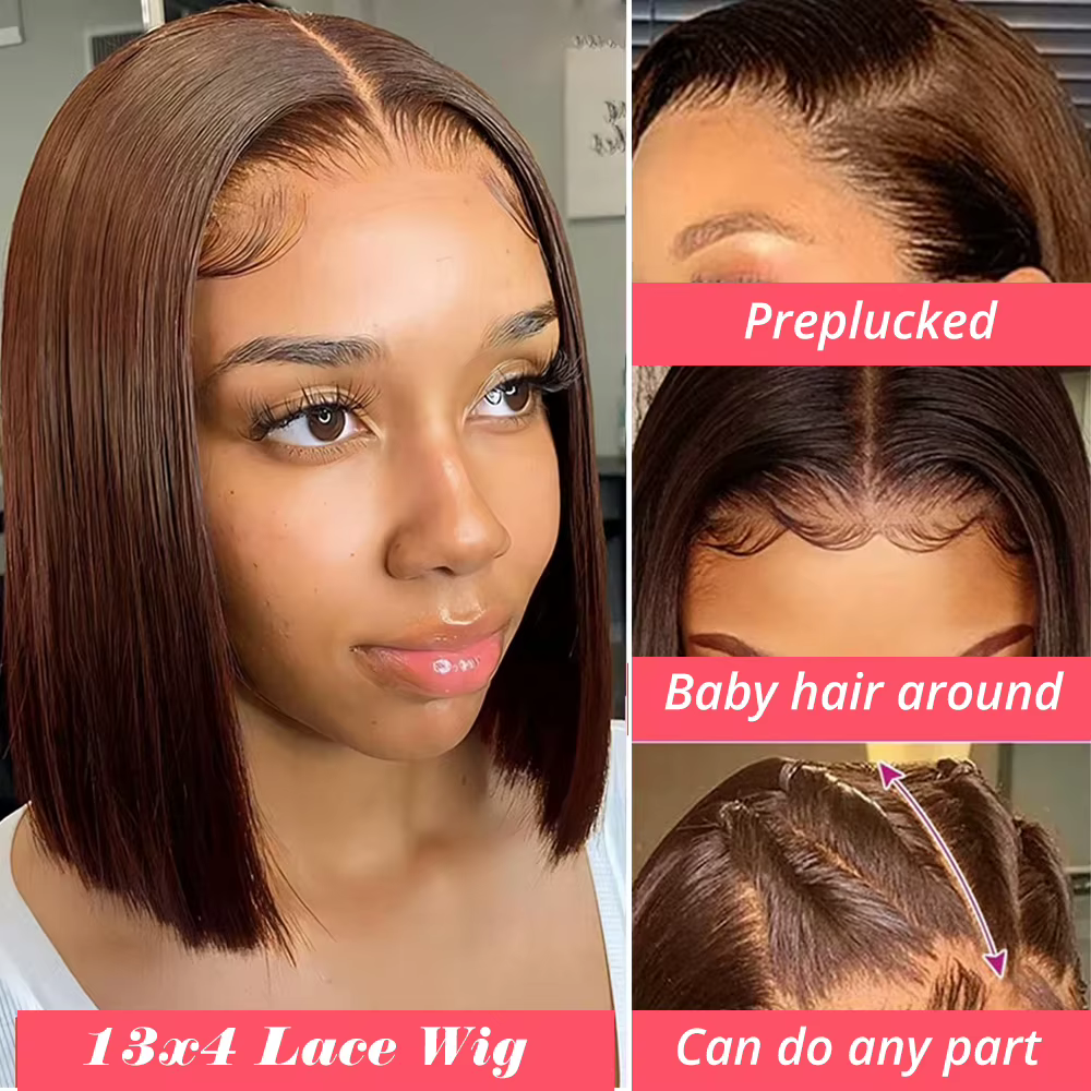 Perruque Lace Front 13x4 Bob Cheveux Humains Bruns Lisses Densité 180% Perruques Frontales en Dentelle Transparente