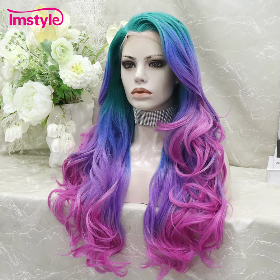 Imstyle Ombre coloré synthétique dentelle avant perruque vert bleu rose violet