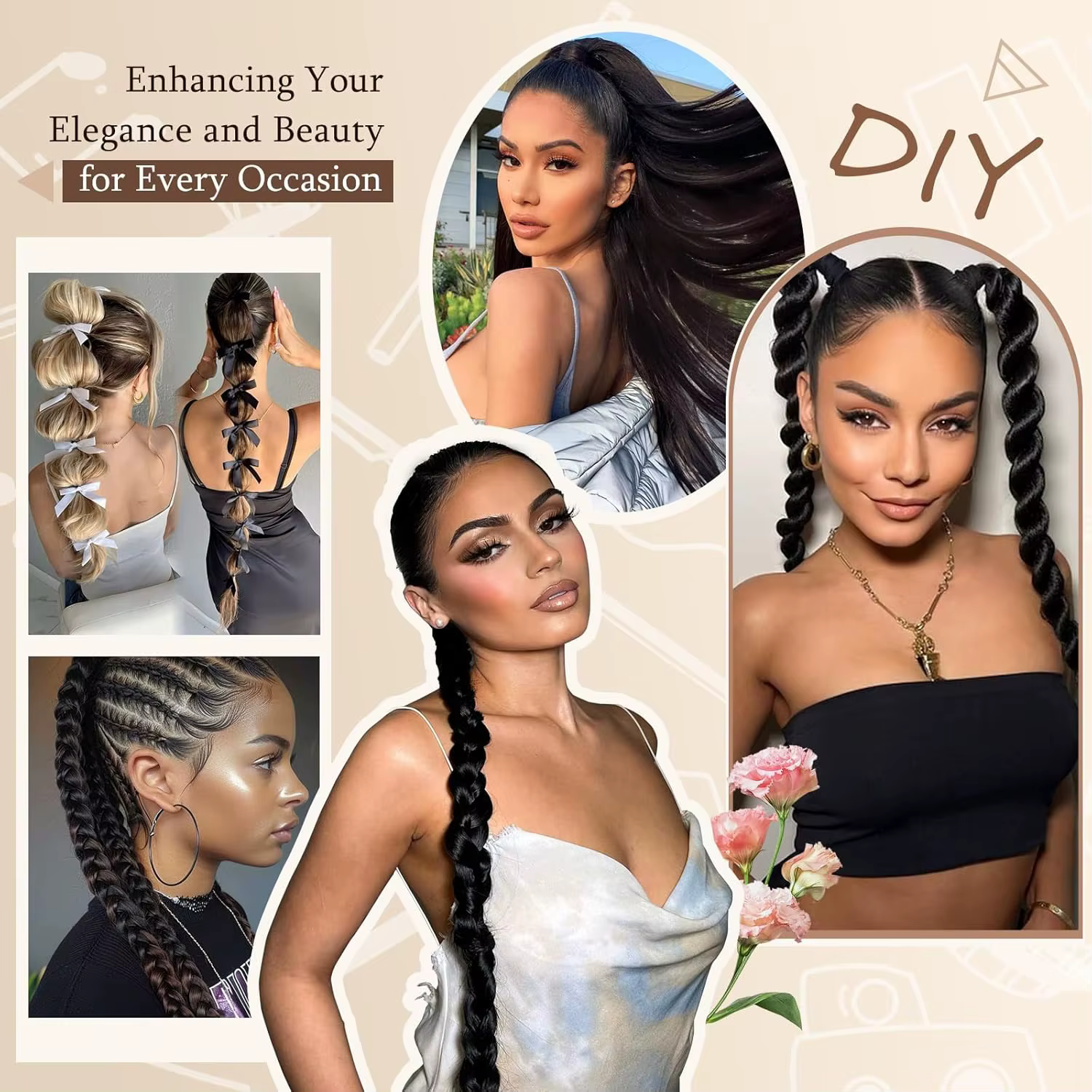 Extensions de cheveux queue de cheval longues tressées avec élastique
