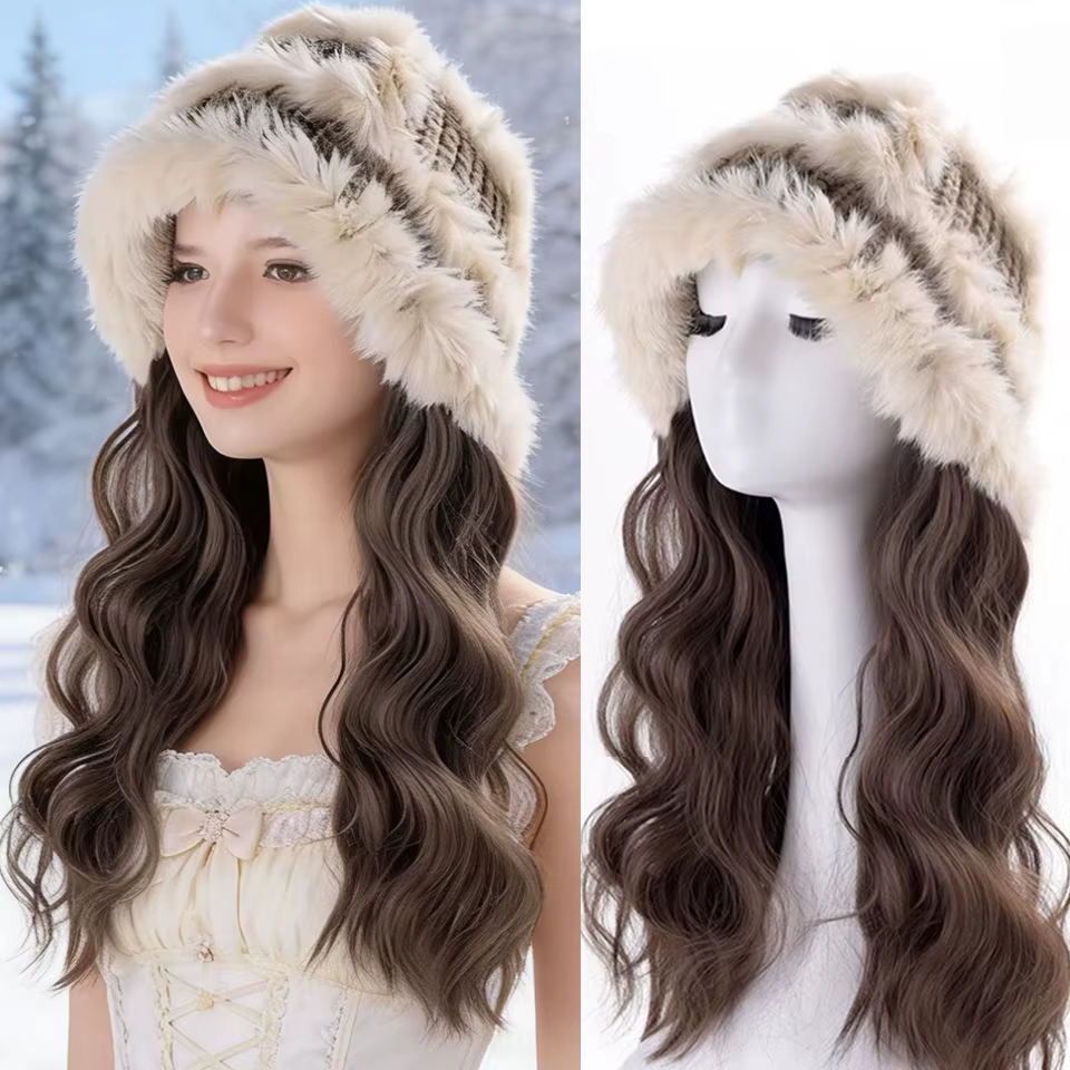 Perruque synthétique brune noire avec chapeau