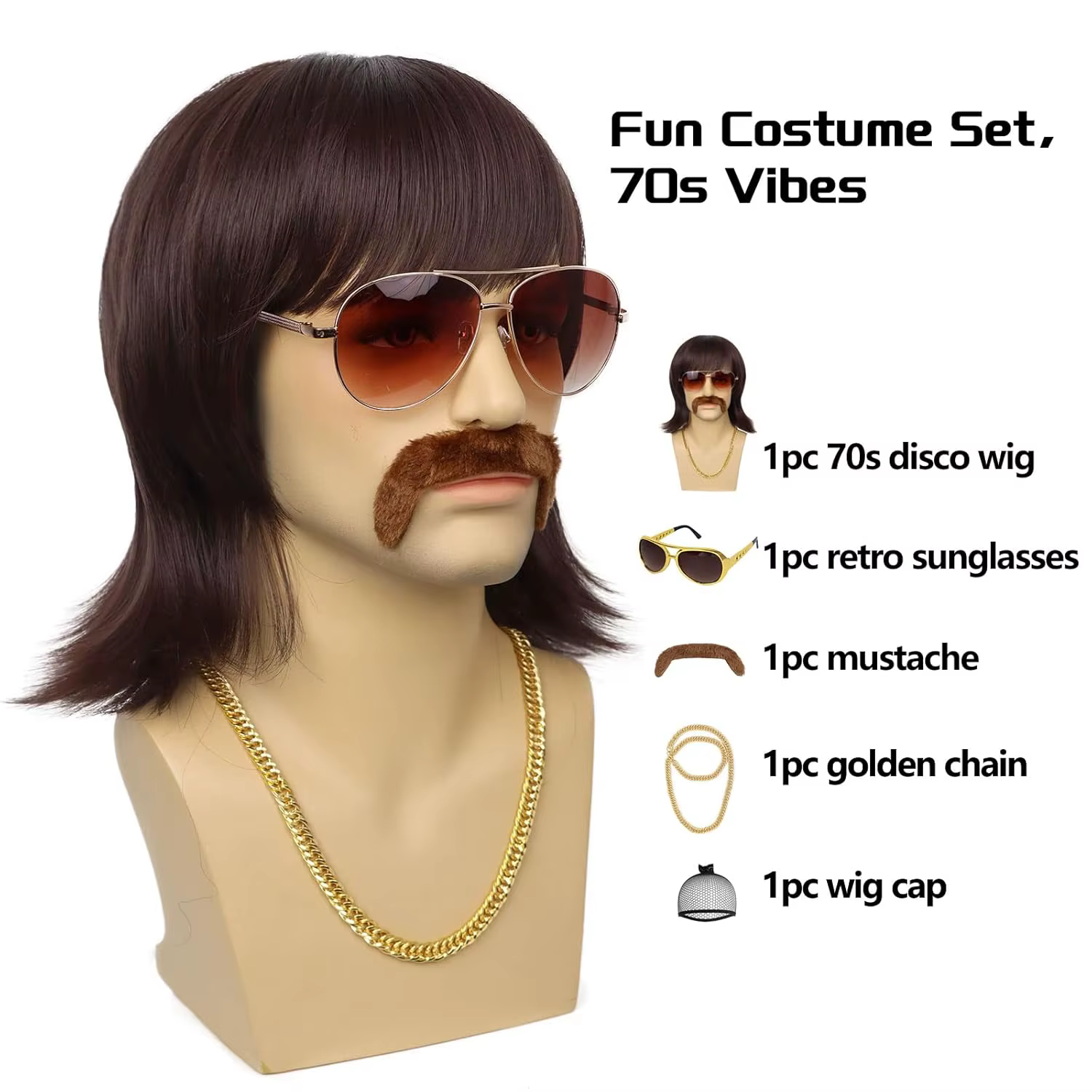Perruque disco des années 70 avec barbe