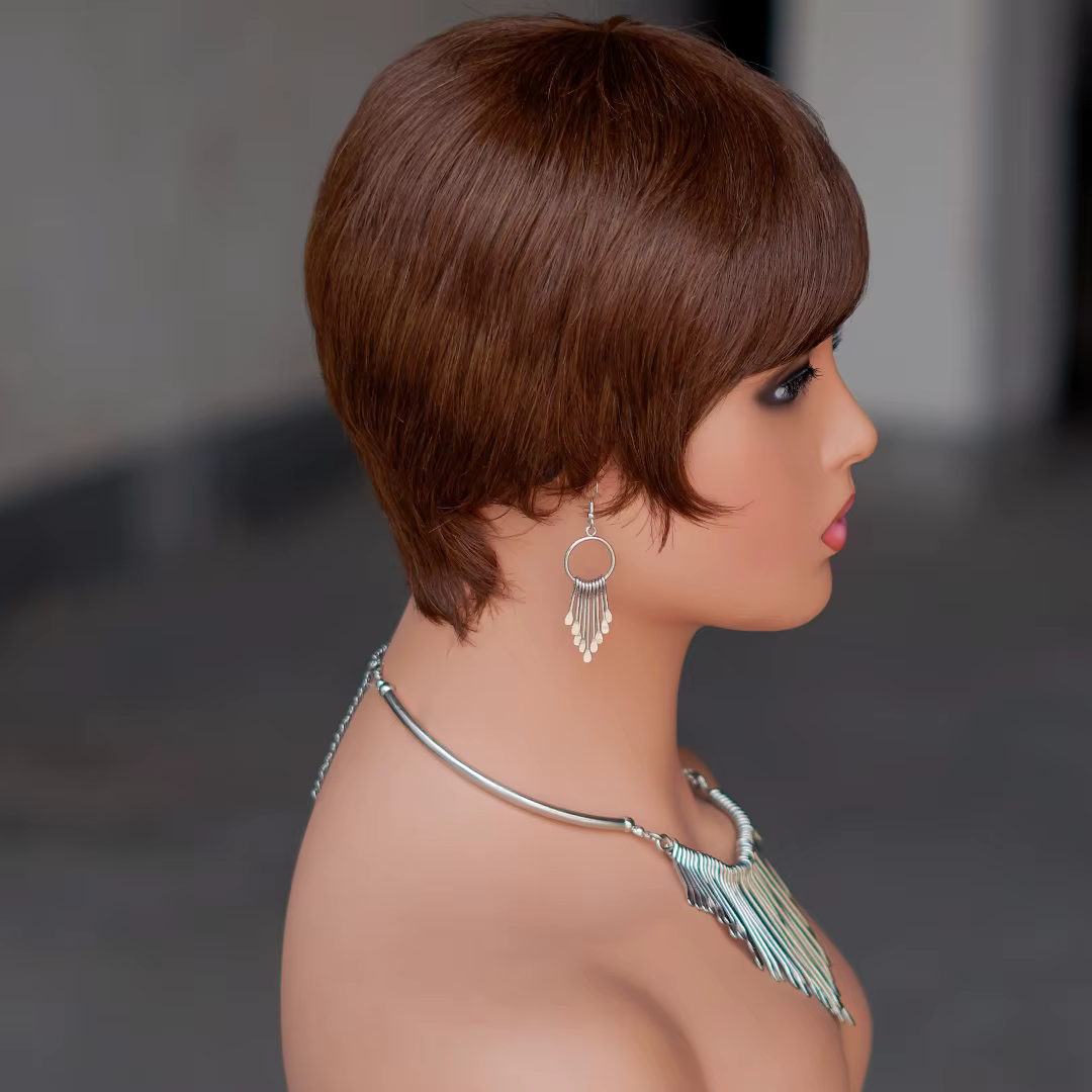 Perruque courte brune perruques de cheveux humains brun chocolat perruques courtes coupe lutin avec frange pas cher pleine Machine perruques de cheveux brésiliens en vente