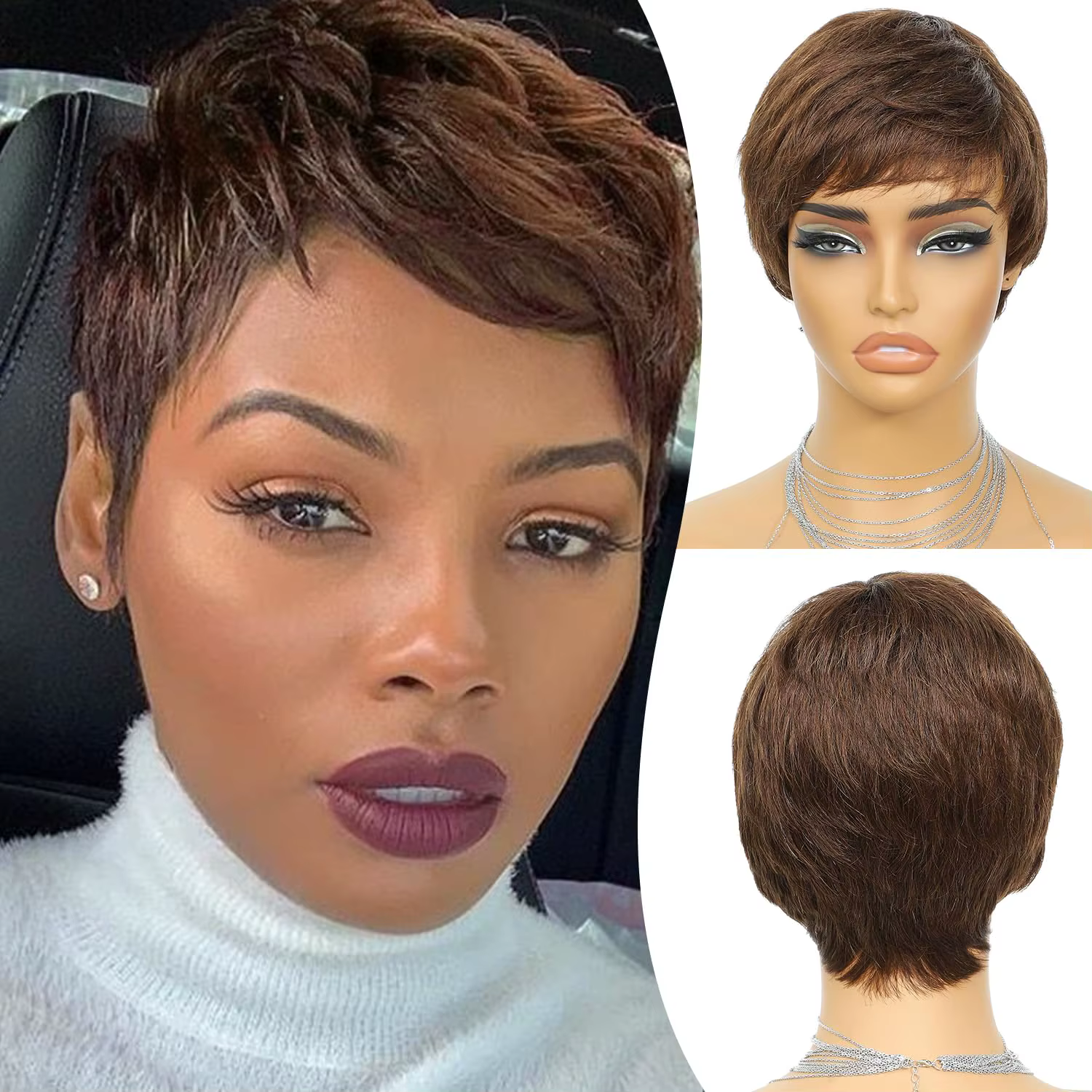 Perruque courte brune cheveux humains # 4 perruques