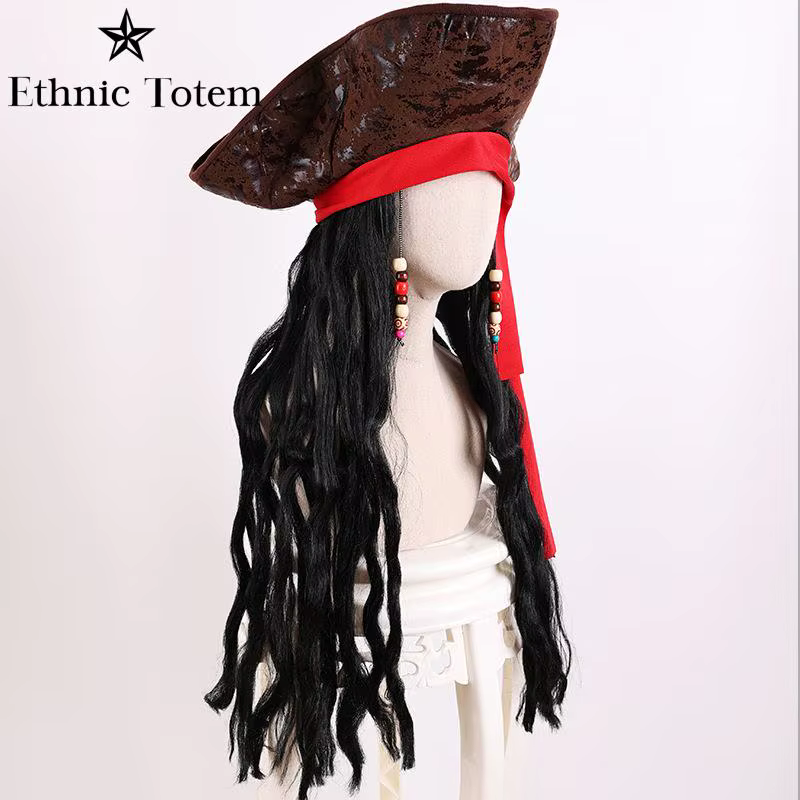 Perruque de chapeau marron de capitaine Pirate pour adulte