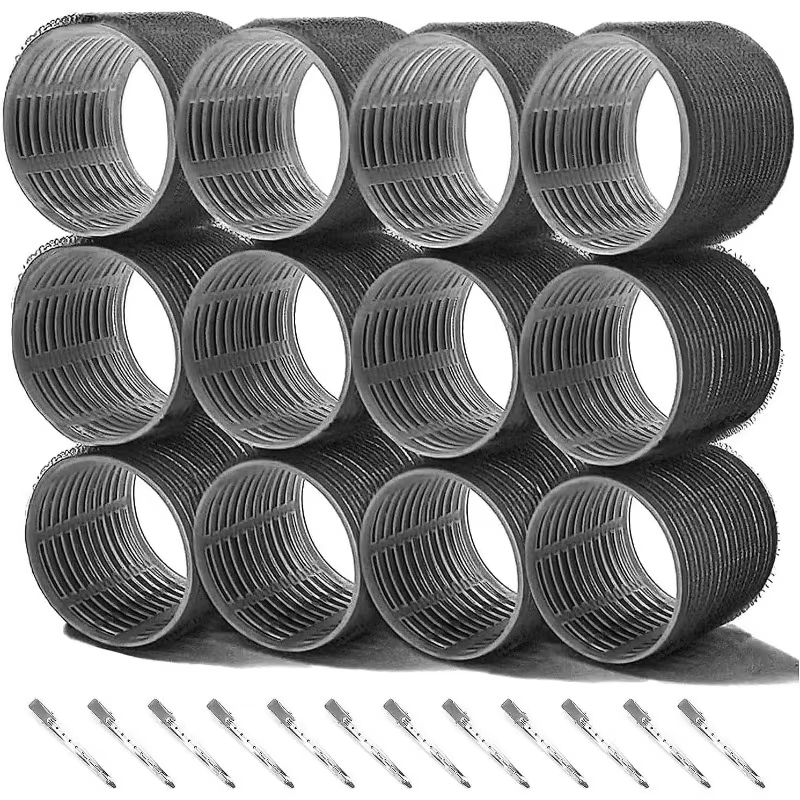Ensemble de bigoudis 12 rouleaux jumbo auto-agrippants de 64 mm et 12 pinces à bec de canard - Outils de coiffure idéaux pour salon et bricolage pour toutes les longueurs de cheveux