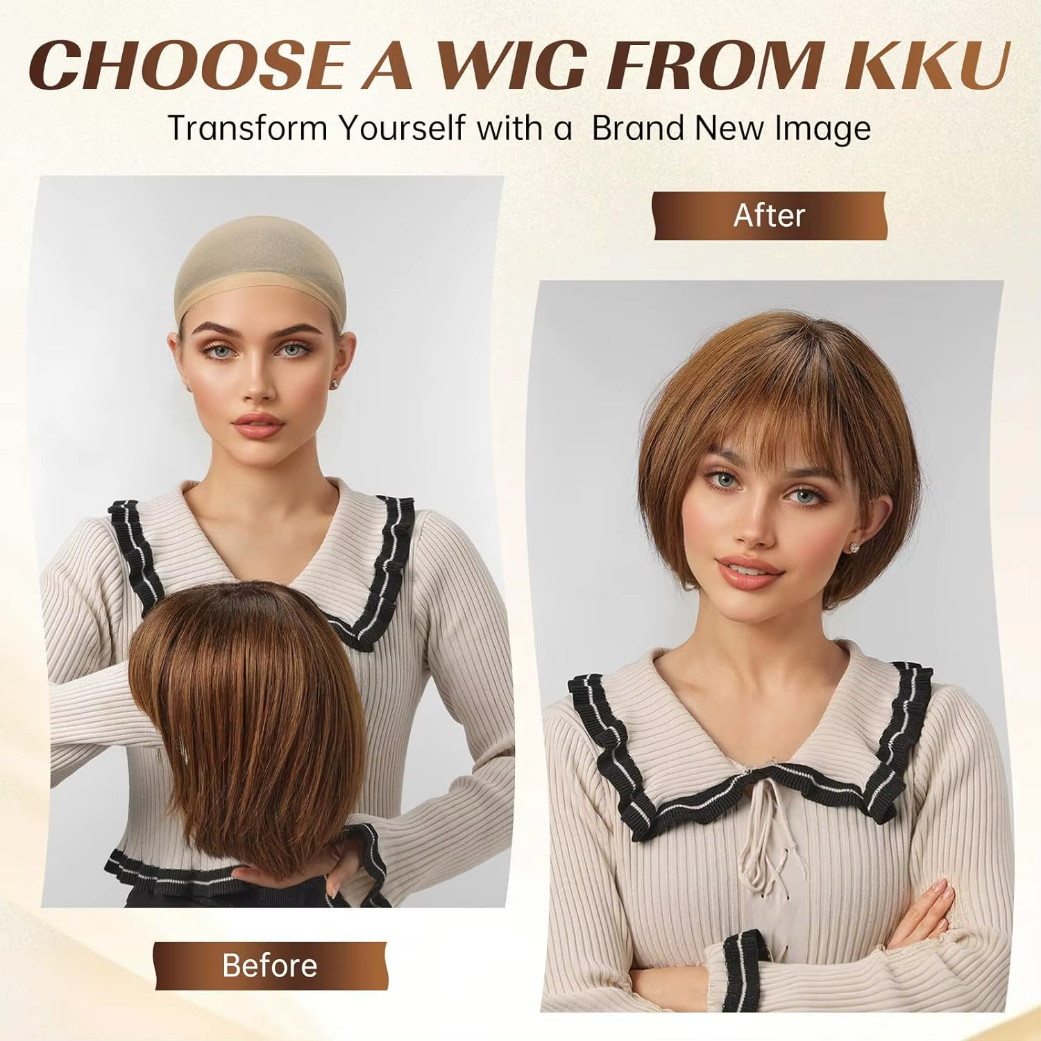 Perruque en cheveux humains bruns mélangés blonds pour femmes avec frange, perruque bob de 10 pouces, cheveux humains bruns lisses naturels et doux, pour les fêtes et le quotidien