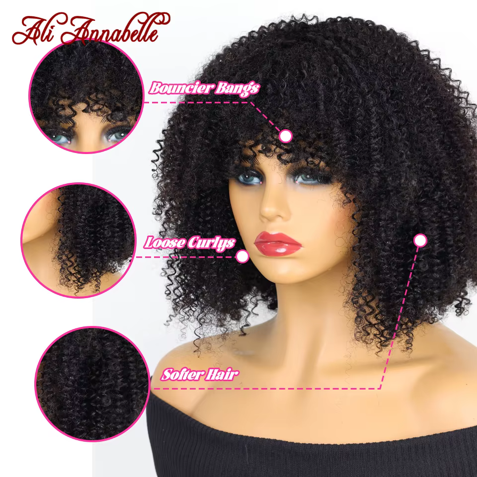 ALI ANNABELLE cheveux bouclés perruques avec frange pour les femmes noires fait à la Machine