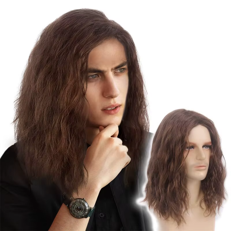 Extensions de cheveux Cool perruques en fibres synthétiques pour hommes naturel respirant couvre-chef chapeau moyen Long bouclés mâle perruque