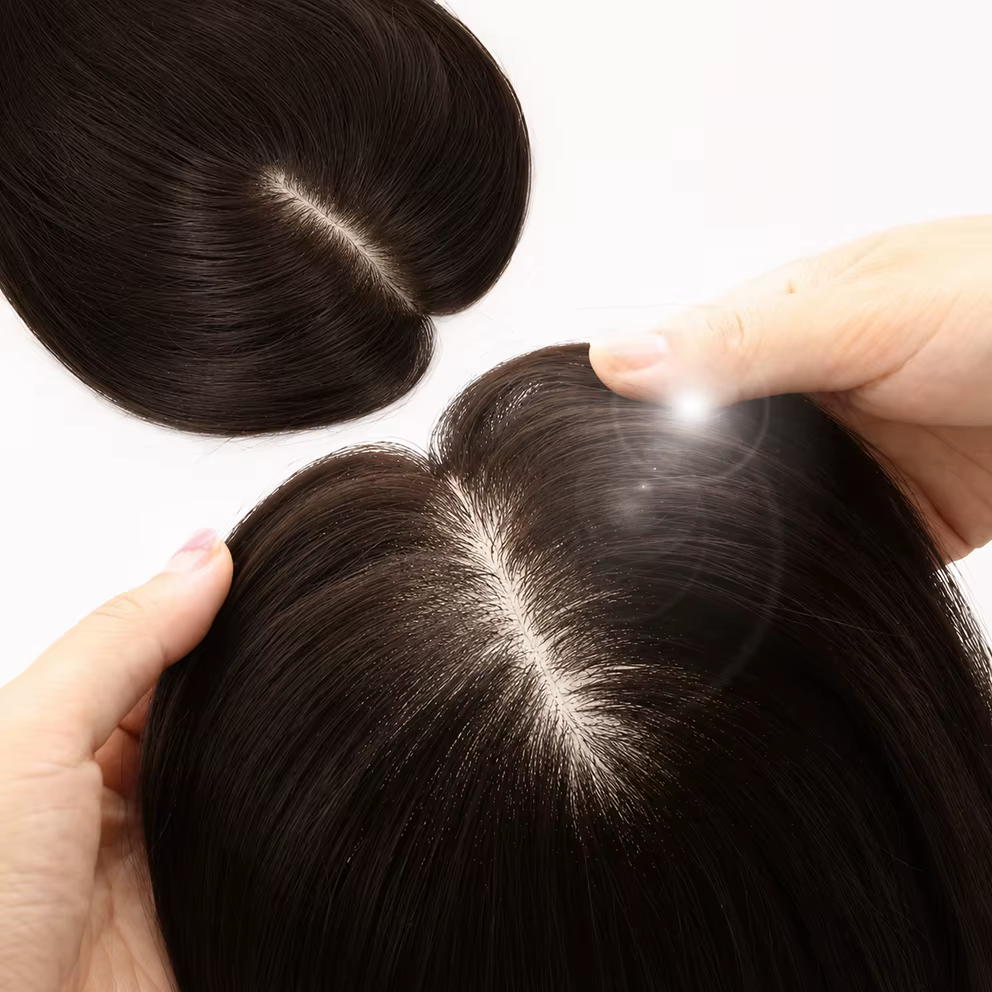 Perruque 100% Cheveux Humains Base Soie Couleur Naturelle Brun Foncé Sans Colle Lace Front Effet Cuir Chevelu Réel Pré-Pluckée Vierge Brésilienne pour Femme