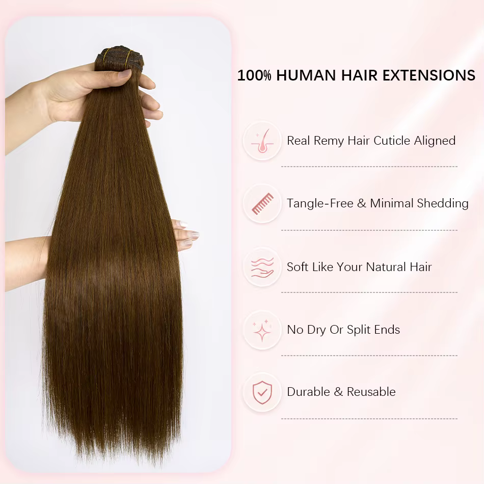 Extensions de cheveux humains lisses à clipser, 7 pièces/ensemble, pour tête entière, style brésilien, 85/120 grammes, extensions à clipser pour femmes