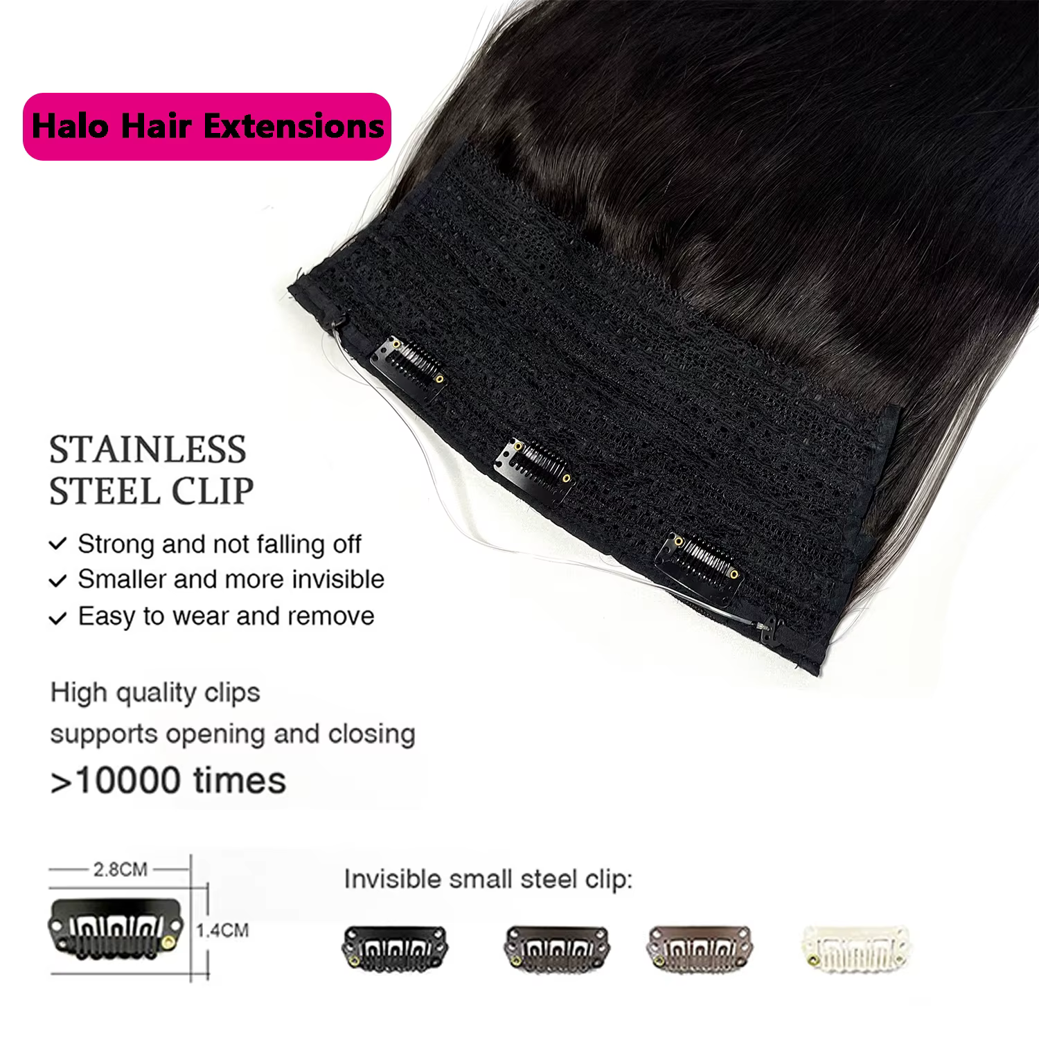 Extensions de cheveux Halo 100% cheveux humains, extensions à clipser avec fil invisible, ligne de pêche invisible # Cheveux raides 1B, 100g/paquet, 16-26 pouces