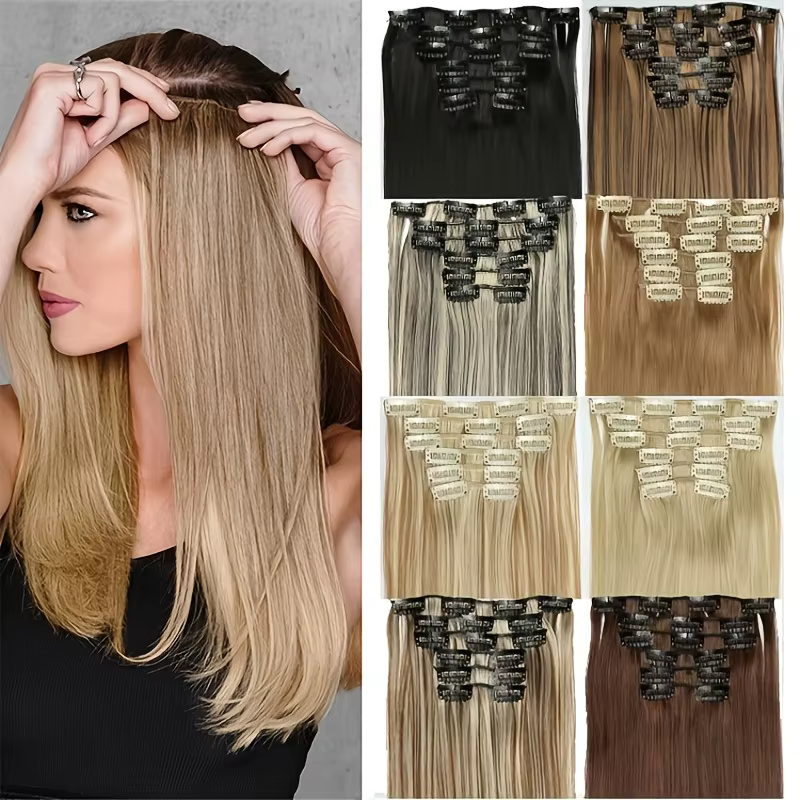 Extensions de cheveux synthétiques blondes et noires, 24 pouces de long, lisses, résistantes à la chaleur, 16 clips, 6 pièces/ensemble