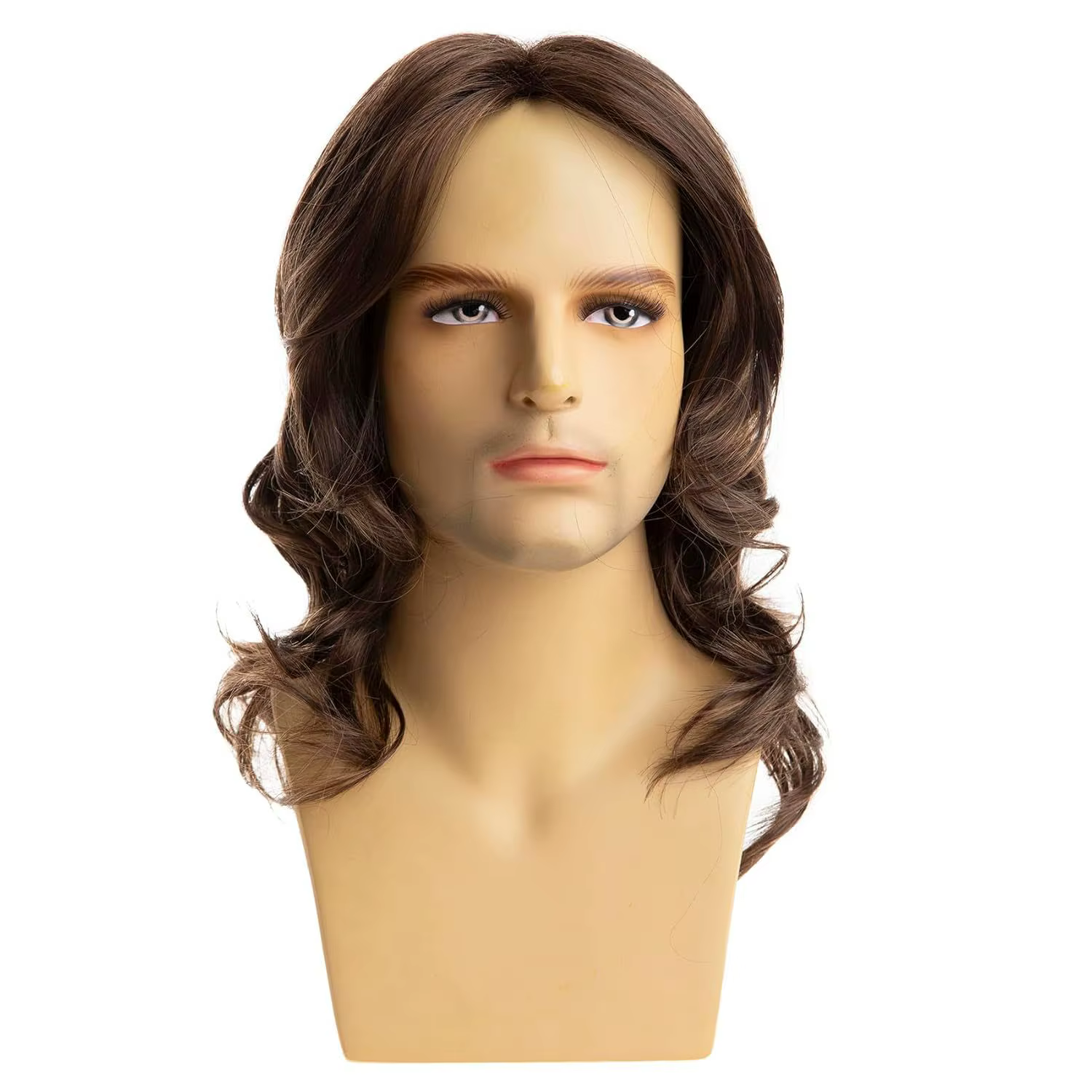 Perruque synthétique longue bouclée ondulée brune pour hommes