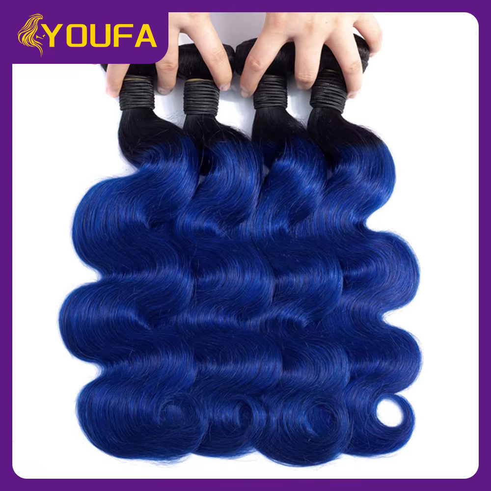 1B bleu vague de corps cheveux humains armure paquets 10-28 pouces 3/4 pièces Lot Ombre
