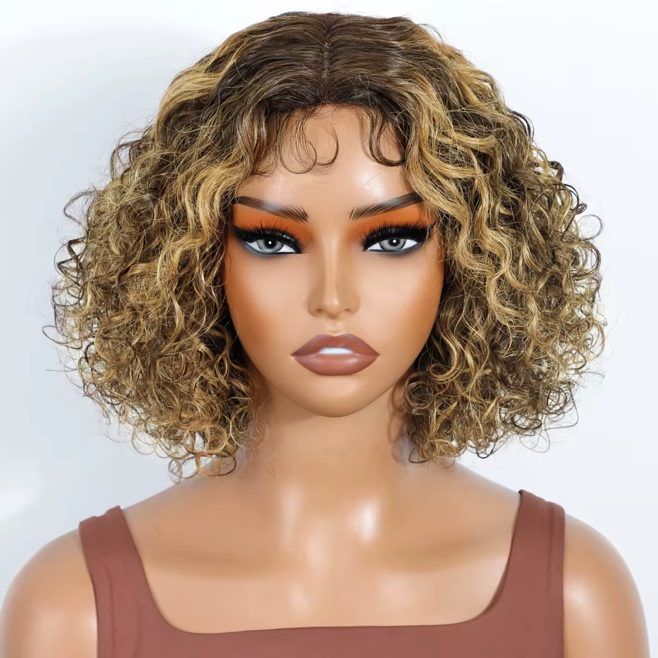 Lekker sans colle Blonde mettre en évidence court bouclés Bob partie centrale dentelle 100% perruques de cheveux