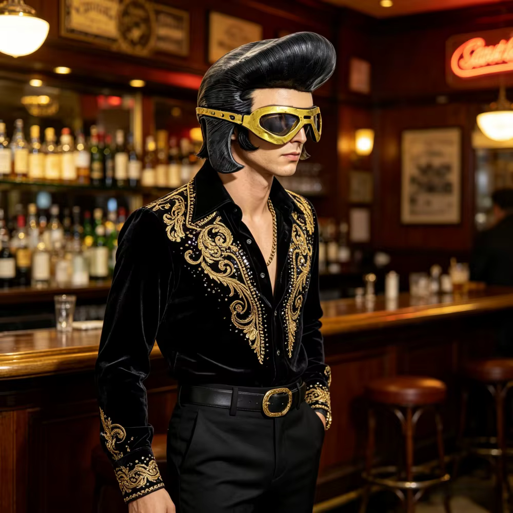 Masque de style rock vintage avec lunettes dorées et coiffure pompadour noire pour costume de fête pour homme