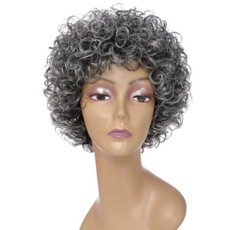 Perruque complète en cheveux humains bouclés courts gris-gris de haute qualité