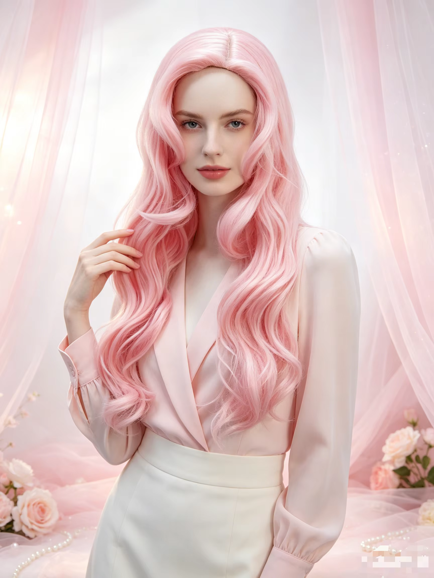 Perruque synthétique longue et bouclée rose à franges - Pour le cosplay de Fluttershy de My Little Pony