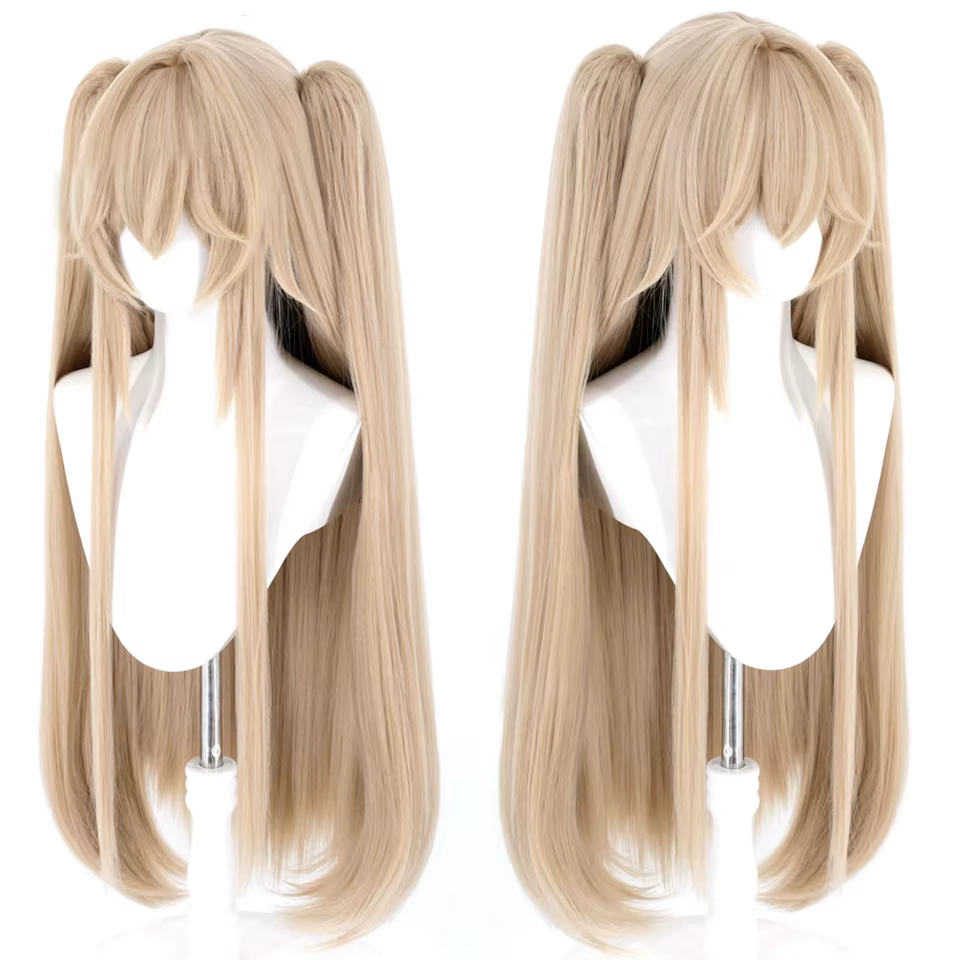 Perruque longue et droite blonde pour cosplay d'anime avec double queue de cheval