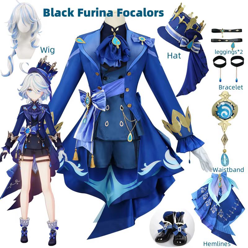 Furina Cosplay Costume perruque Impact Fontaine focalors avec chapeau costumes noirs chaussures