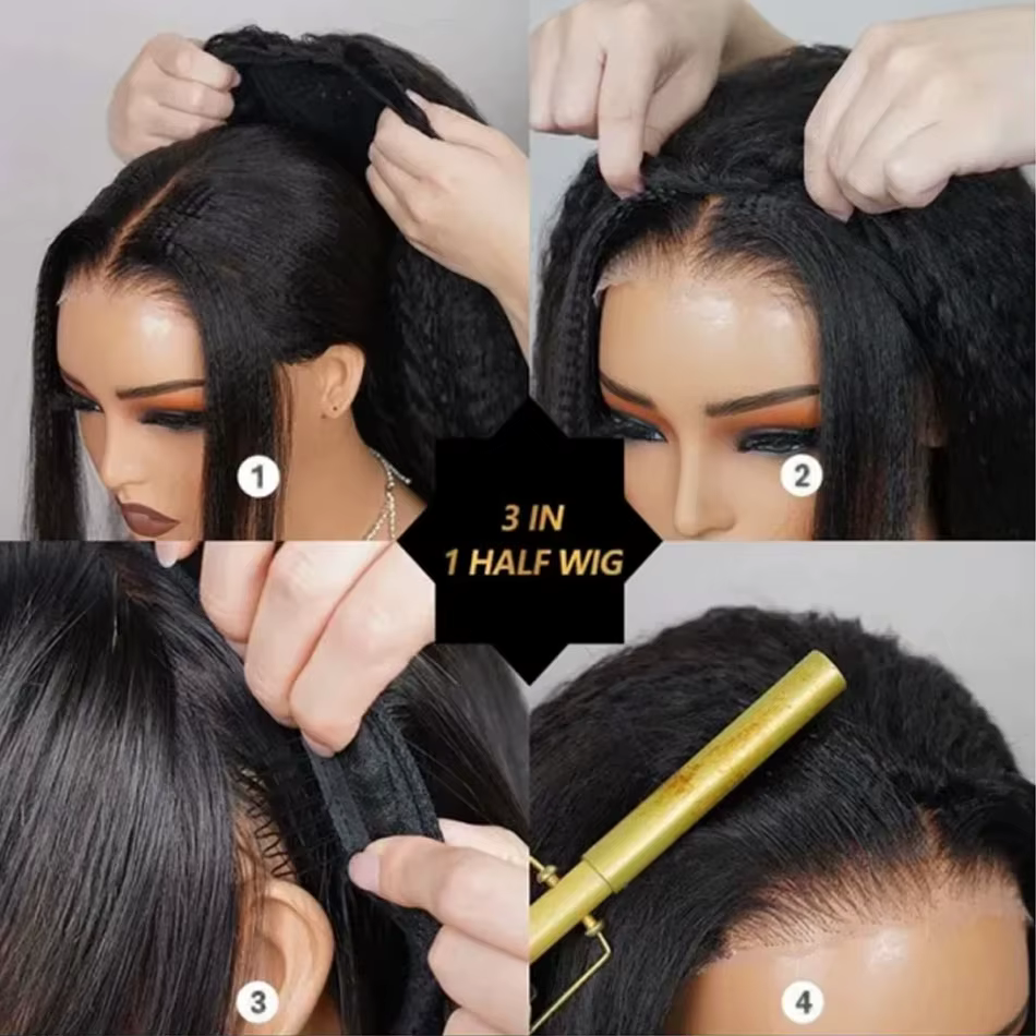 Demi-perruque 3 en 1 en cheveux humains avec cordon de serrage