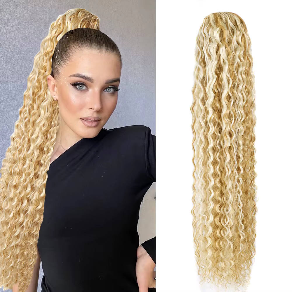 Extensions de faux cheveux synthétiques 30 pouces de Long crépus bouclés cordon queue de cheval pince organique en