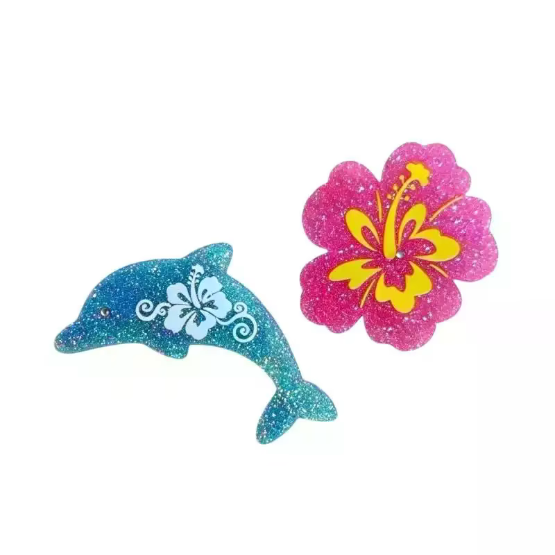 Barrettes à cheveux en forme de dauphin bleu scintillant avec fleur d'hibiscus rose et design tropical