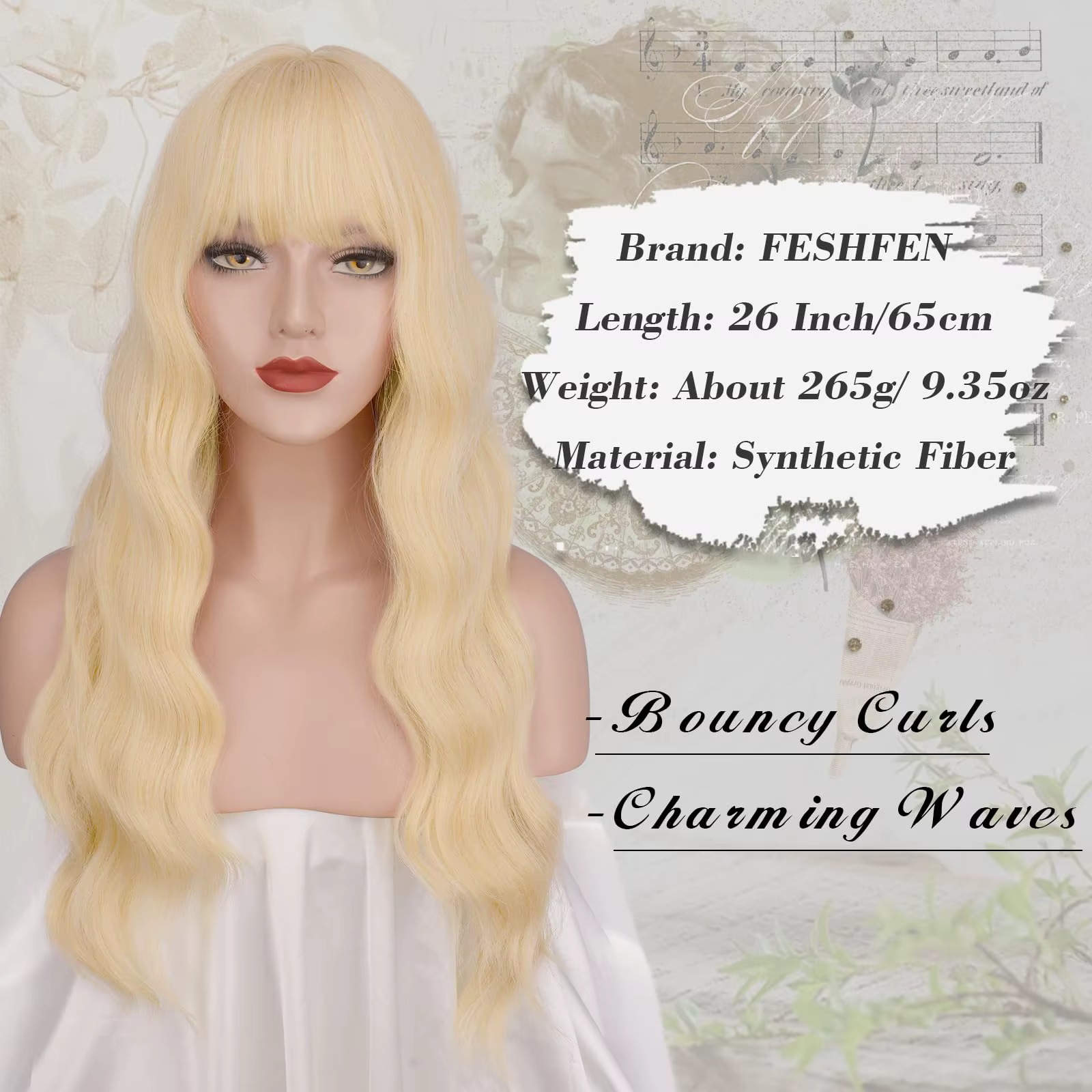 Perruque synthétique longue et bouclée blonde pour Halloween