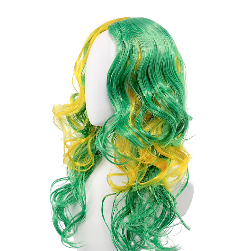 Perruque synthétique longue ondulée ombrée vert-jaune