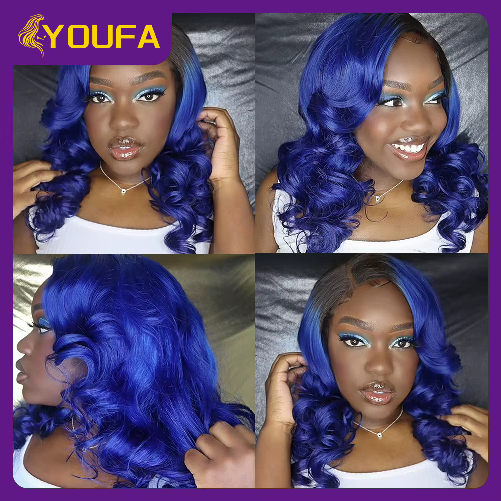 1B bleu vague de corps cheveux humains armure paquets 10-28 pouces 3/4 pièces Lot Ombre