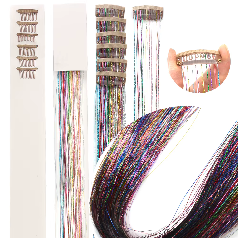 Kit de 12 mèches de cheveux scintillantes à clipser pour filles