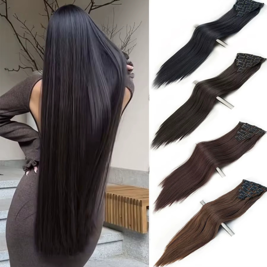 Extensions de cheveux synthétiques longues à clipser