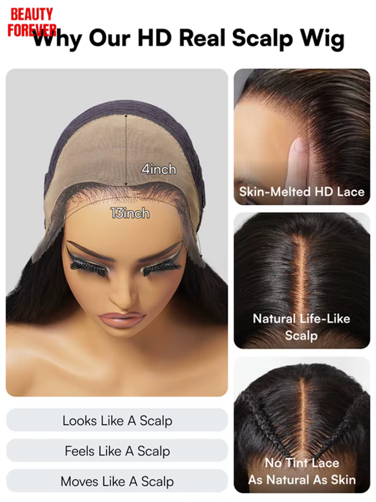 Beautyforever 13x4 HD Real Scalp ™ Perruque Invisible Sans Colle avec Dentelle Frontale
