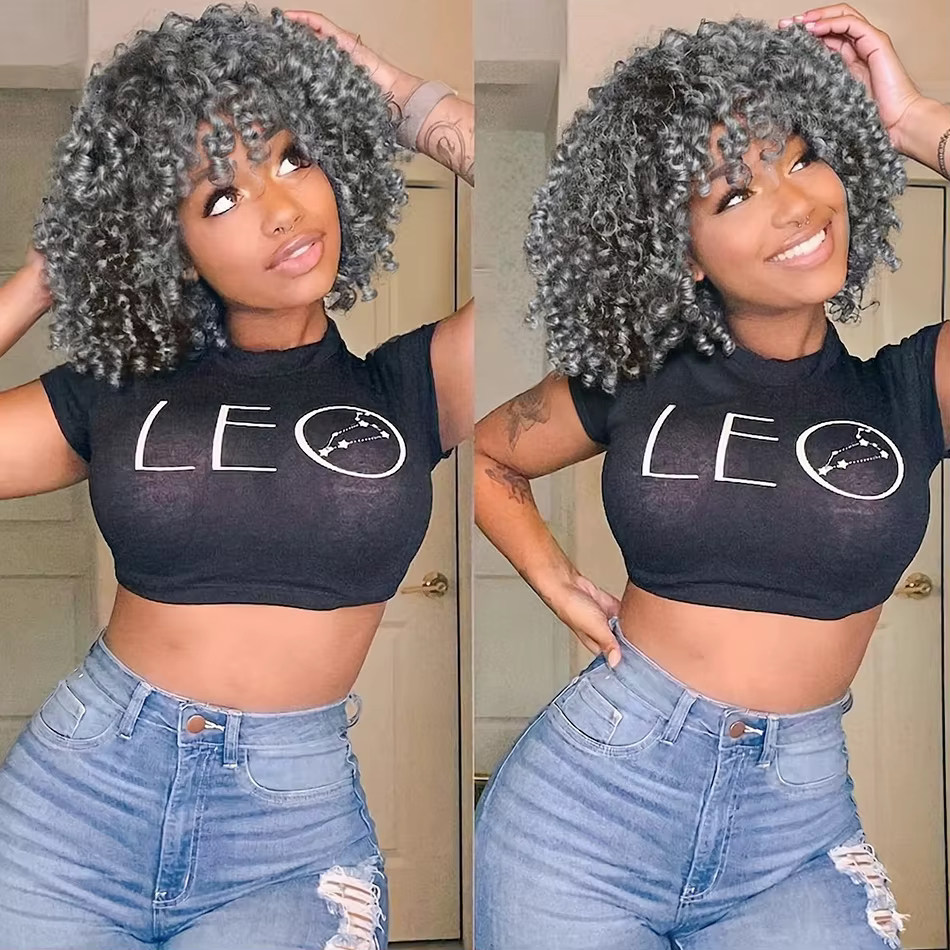 Perruques courtes bouclées en cheveux humains couleur sel et poivre