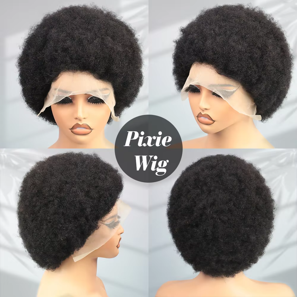 Perruque courte afro naturelle coupe pixie en cheveux humains