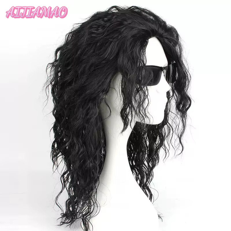 Perruque noire bouclée mi-longue