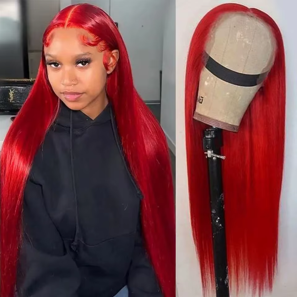 Perruque Lace Front Wig synthétique lisse et longue en soie rouge