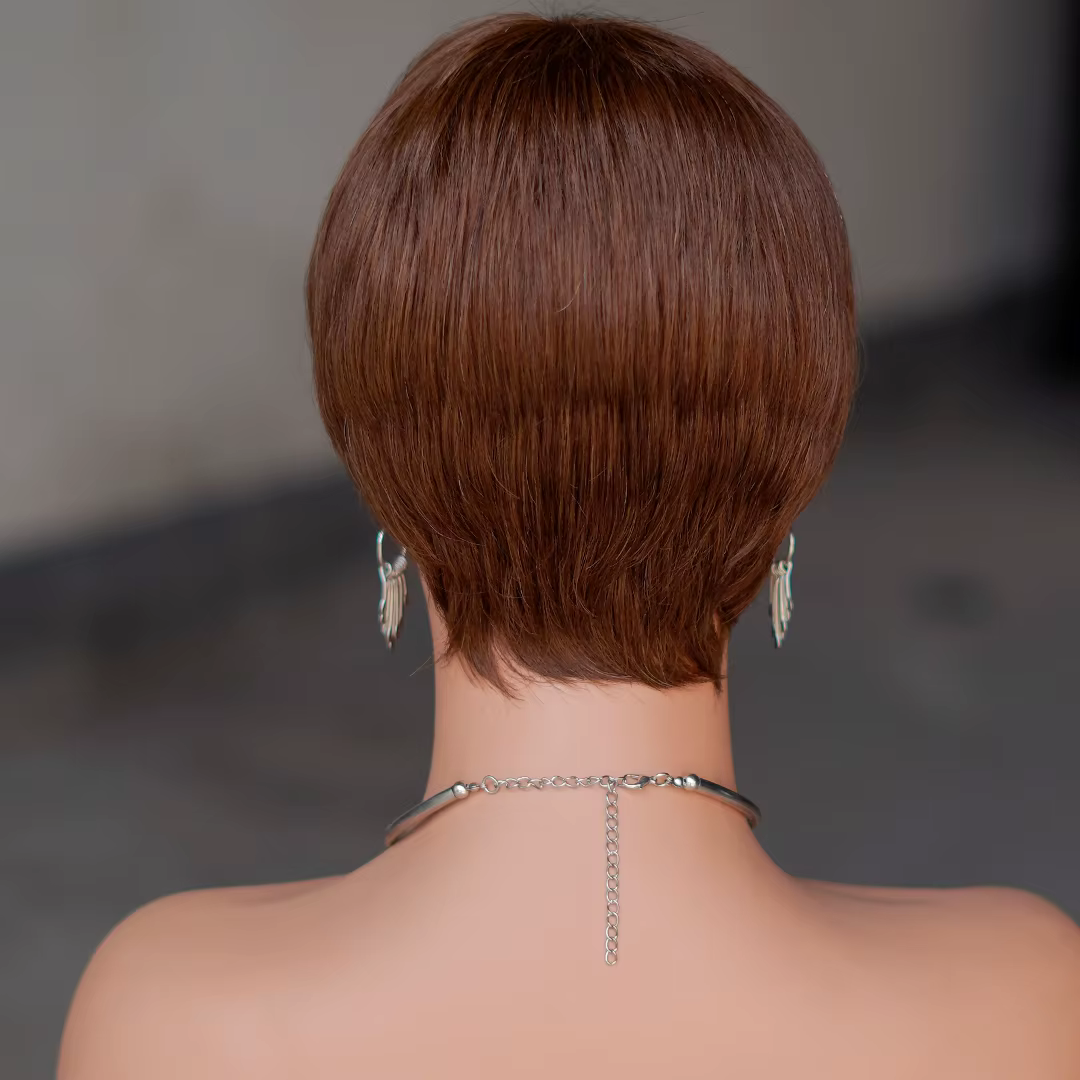 Perruque courte brune perruques de cheveux humains brun chocolat perruques courtes coupe lutin avec frange pas cher pleine Machine perruques de cheveux brésiliens en vente