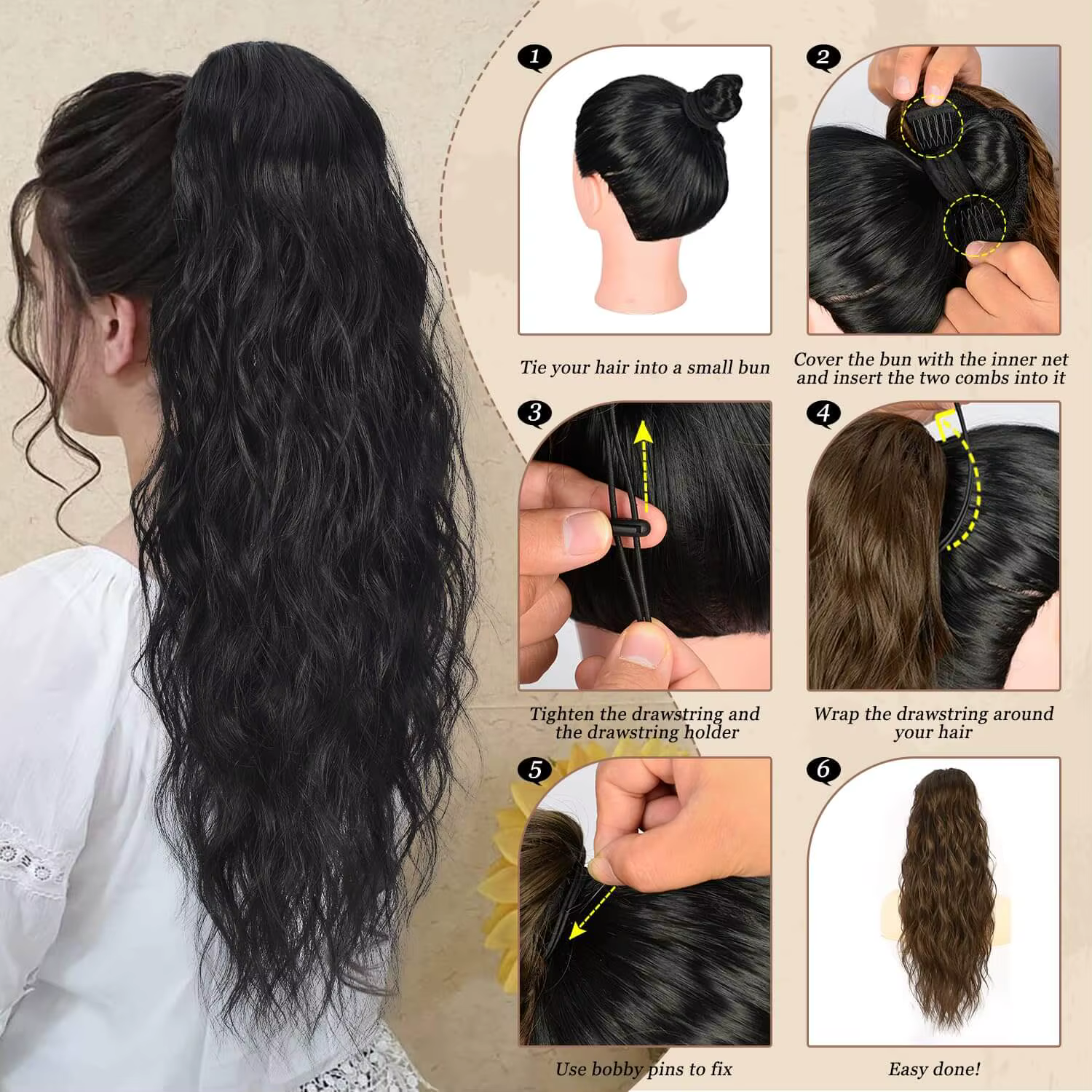 Extension de queue de cheval ondulée longue bouclée synthétique pour femmes