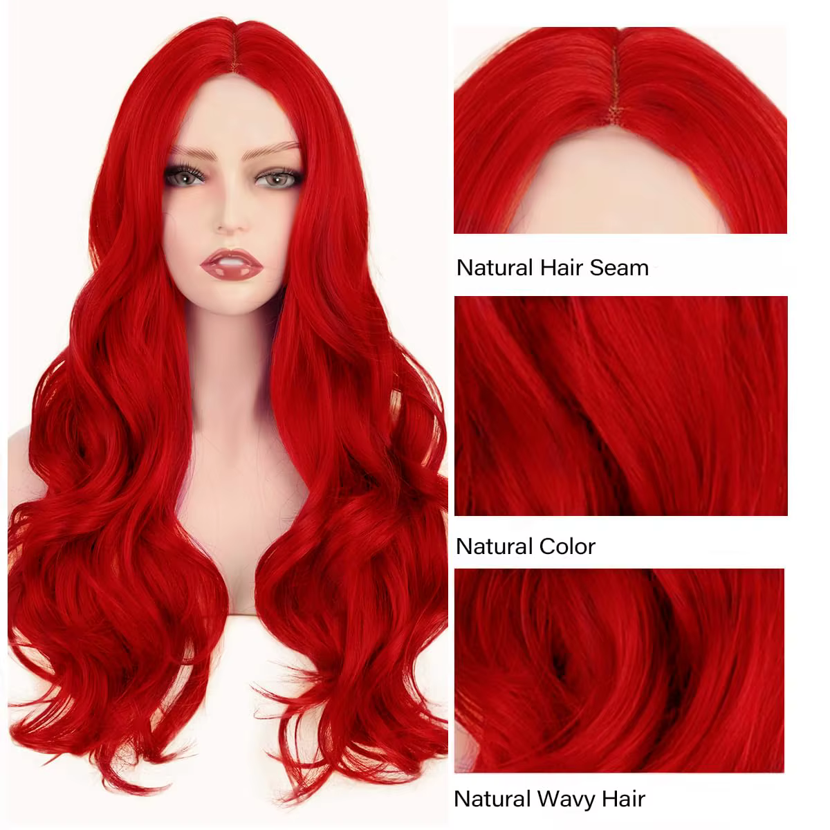 Perruque synthétique rouge à grandes boucles pour cosplay d'Halloween. Convient pour un usage quotidien. Livré avec un bonnet chauffant pour cheveux.